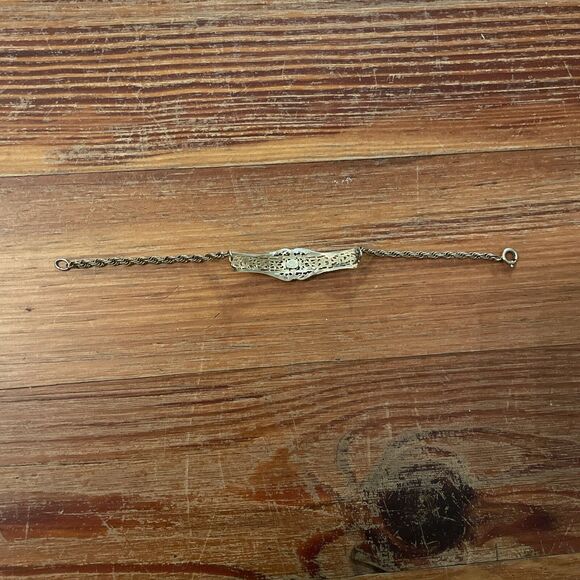 Vintage 12K Gold Filled Filigree Bar Rope Chain Bracelet with Center Diamond - Picture 6 of 13